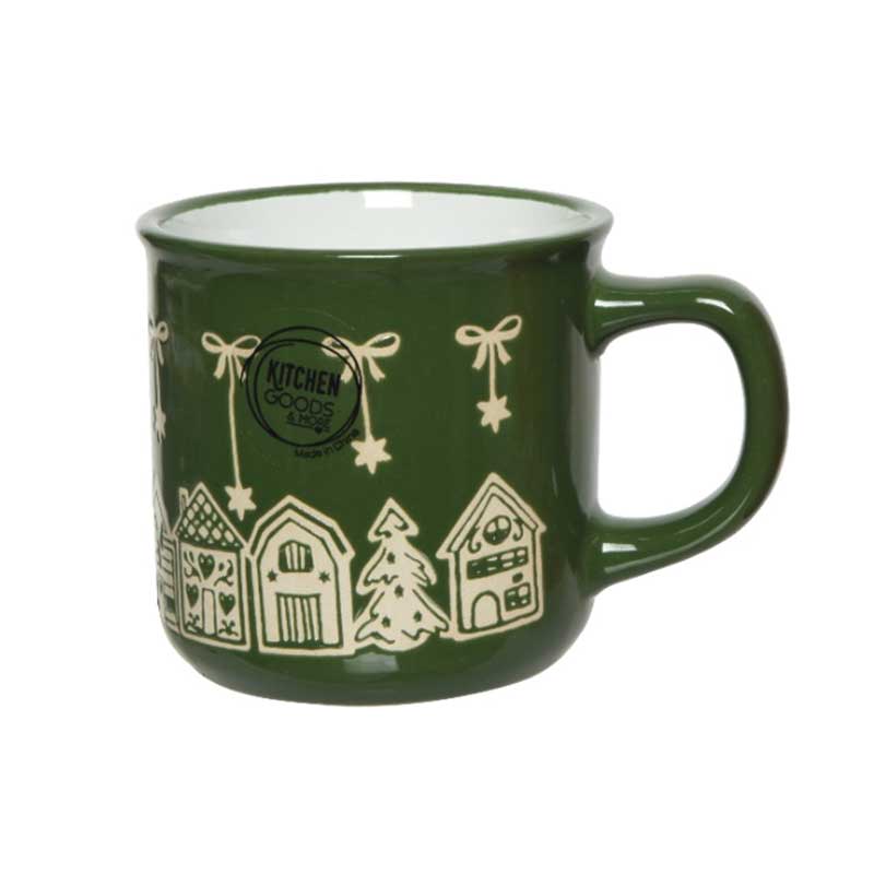 Stoneware Christmas mug with green bow and house design
