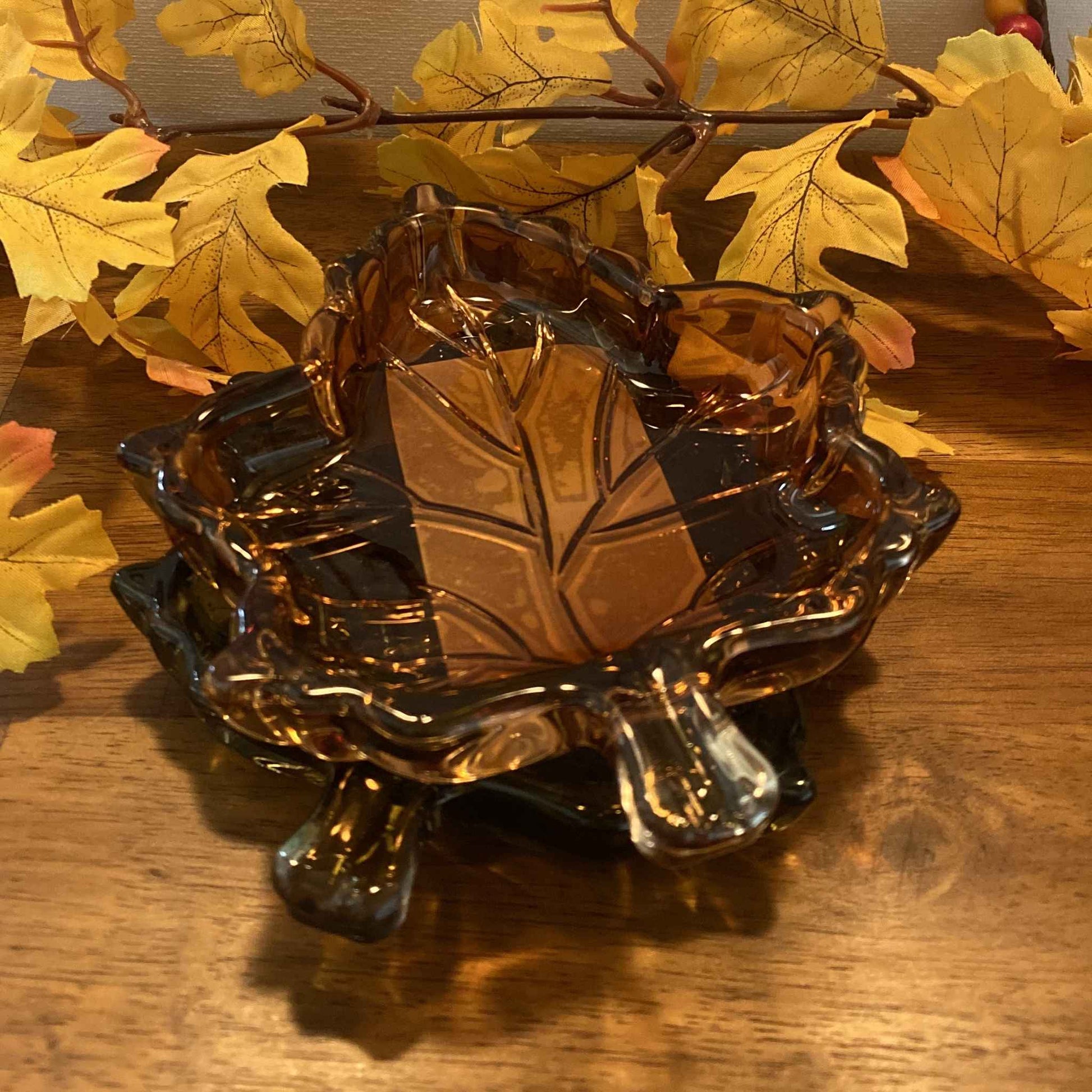 Hazel glass leaf-shaped trinket dish, empty, showing glass detail