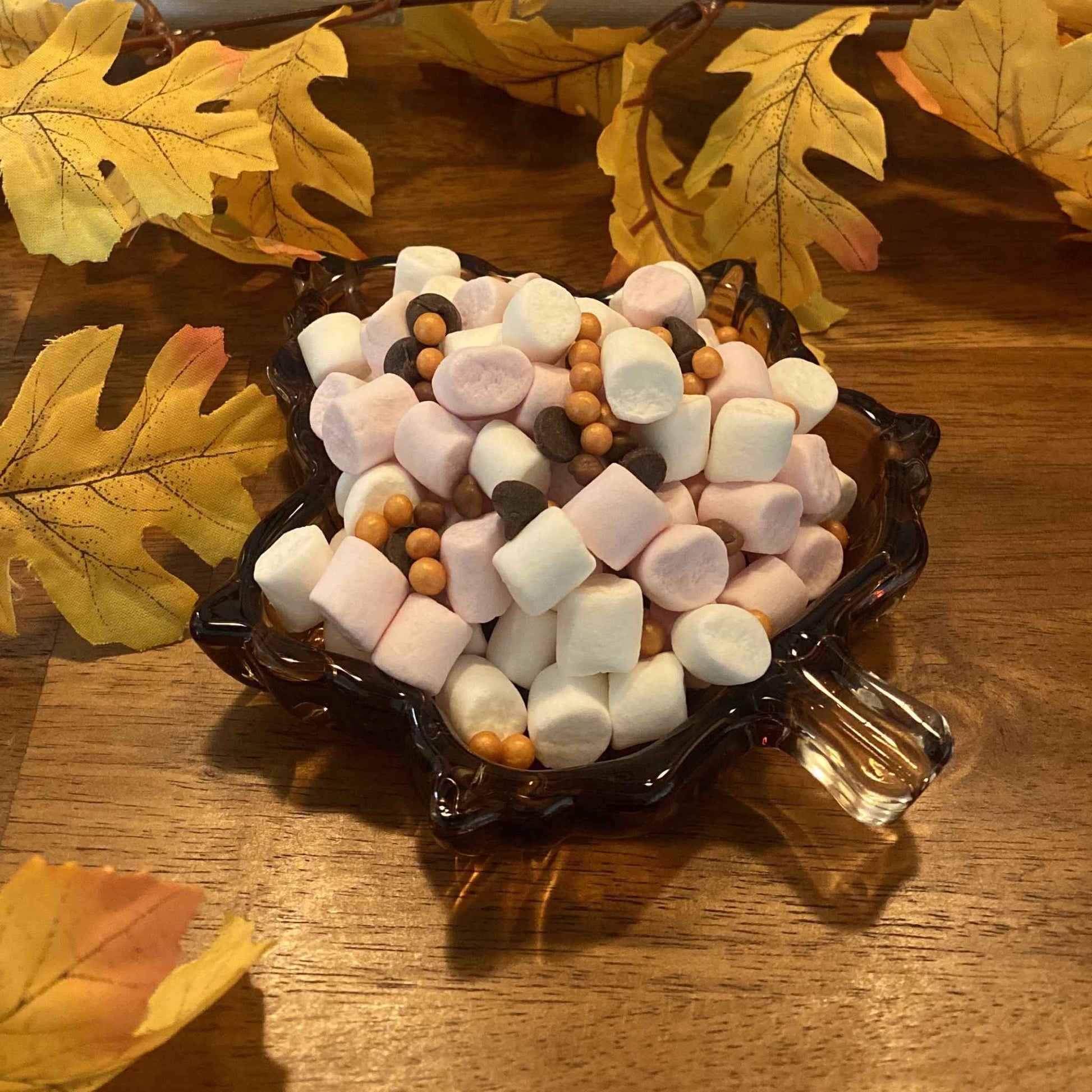 Hazel glass leaf trinket dish filled with marshmallows and chocolate sprinkles