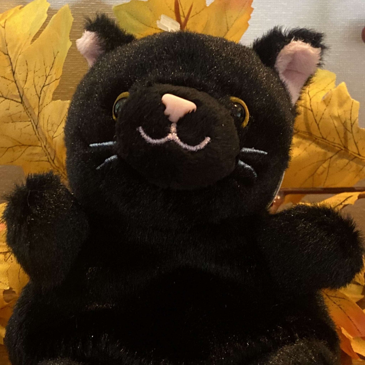 Close-up of Palm Pals Twilight the Black Cat plush toy's face and whiskers