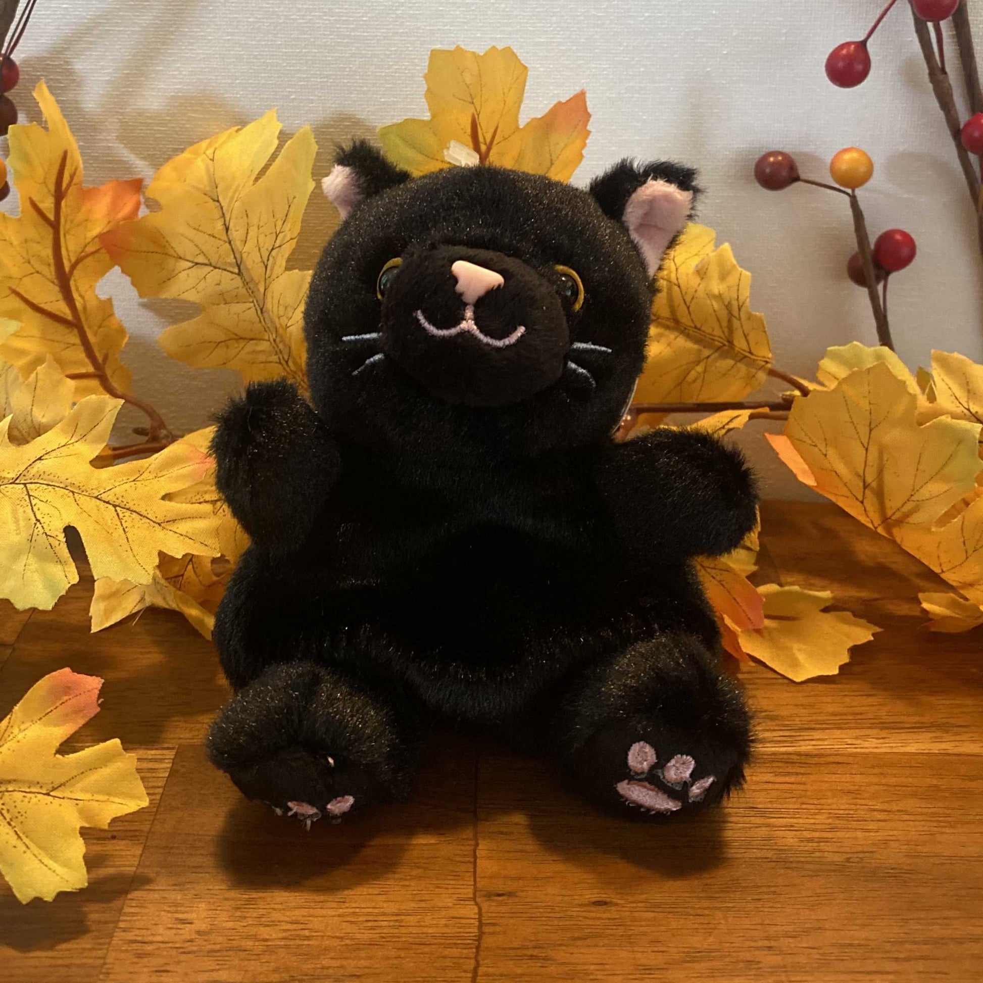 Palm Pals Twilight the Black Cat plush toy sitting among autumn leaves