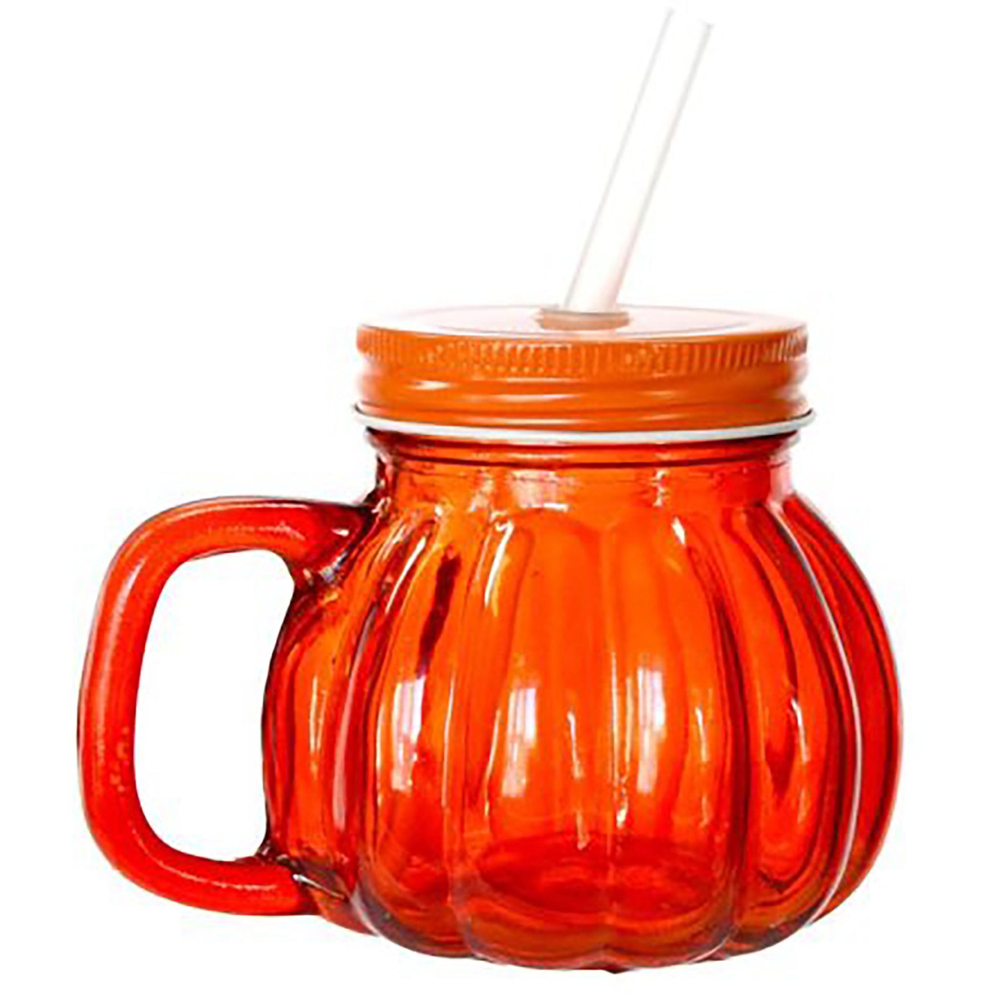 Pumpkin-shaped glass tumbler with screw lid and straw