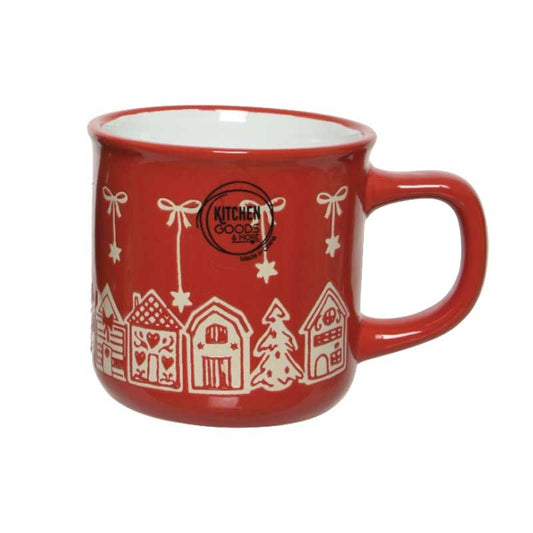 Stoneware Christmas mug with red bow and house design