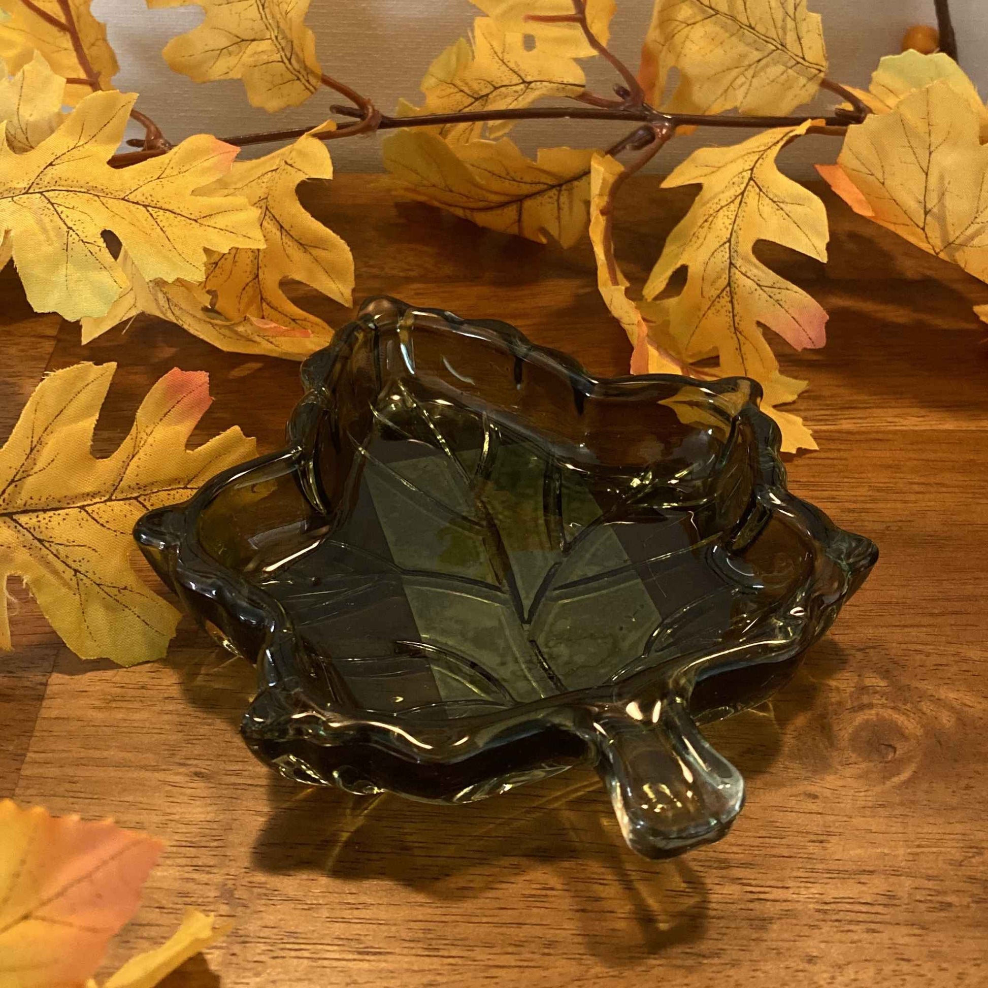 Sage glass leaf-shaped trinket dish, empty, showing glass detail